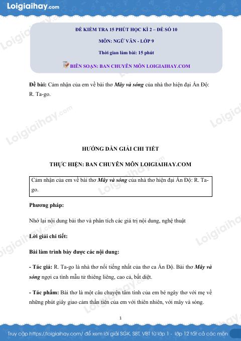 Đề kiểm tra 15 phút Văn 9 - Đề số 10